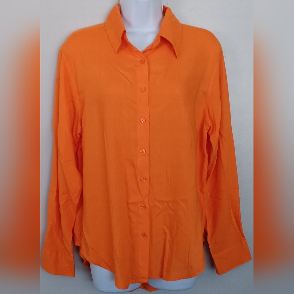 New Friends Colony/Free People Women's  Button-Up Shirt Orange Cotton Blen Sz M